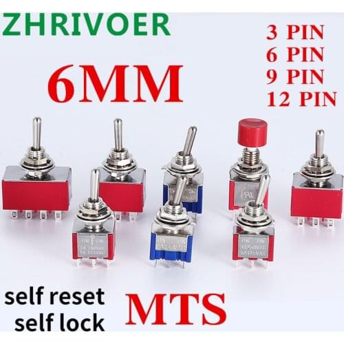 5PCS 6mm, self reset/self lock, pole switch, DPDT micro switch, 3/6/9/12-pin, 1/5 position, 6a/2/3V, 3A/125V, mts-202/102/103 AC