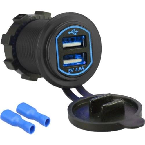 Dual USB Quick Car Charger Aluminum Socket Power Outlet 2.4A & 2.4A LED with Wire In-line 10A Fuse