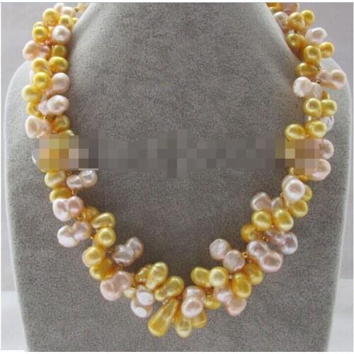 CBN368 Beautiful 17" 2row 11-17mm pink & golden freshwater pearl necklace - GP clasp