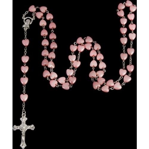 Catholic Love Rosary Prayer Necklace Mary Blessing Cross Pendant Necklaces Heart Shaped Beads Long Chain Fashion Jewelry
