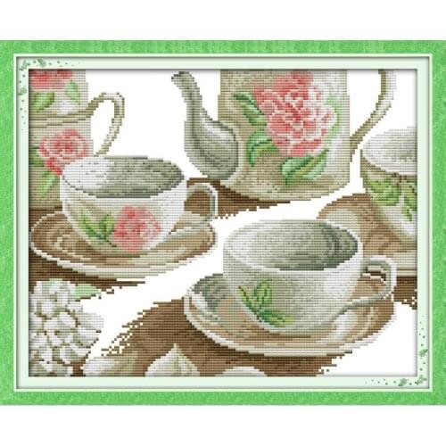 Joy Sunday Rose Tea Set DMC Counted Cross Stitch Kits 11&14CT DIY Cross Stitch Kits Needlework for Home Decor Handmade Gift