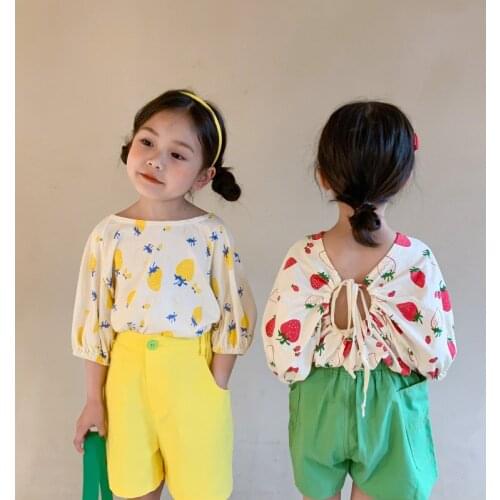 Childrens Clothing Summer New Baby Girls T Shirt Cute Strawberry Print Backless T-shirt For Girls Kids Short Sleeve Cotton Tees