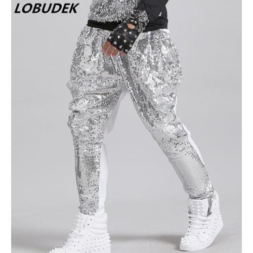 Tide Male Bright Sequins Harem Long Pants Singer Dancer Hip Hop Rock Dance Performance Costume Nightclub Show Pencil White Black