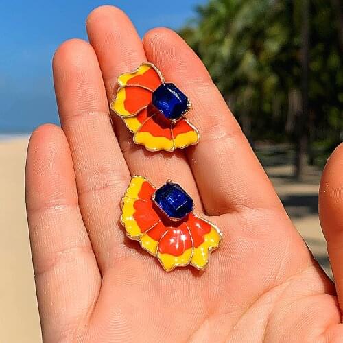 Docona Luxury Blue Gem Stud Earring for Women Girls Bohemia Colorful Dripping Oil Flower Earrings Ladies Jewelry Gift 18287
