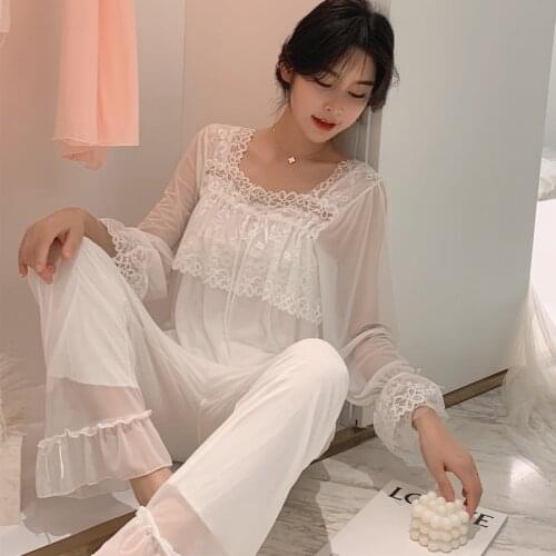 Spring And Autumn Long-Sleeved Home Suit Female Lace Princess Korean Goddess Palace Lovely Modale Pajamas Casual Home Clothing