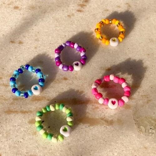 Go2Boho 5pcs/lot Heart Charm Rings For Women Acrylic Beaded Finger Ring Multicolor Beads Circle Elastic Anillos Fashion Jewelry