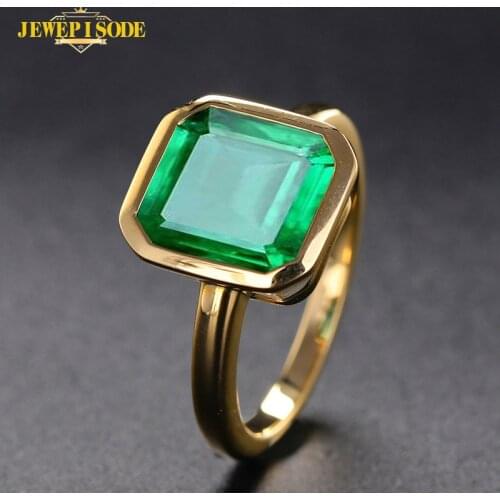 Jewepisode Gold Color Ring Vintage 925 Sterling Silver Emerald Gemstone Anniversary Party Cocktail Rings for Women Fine Jewelry