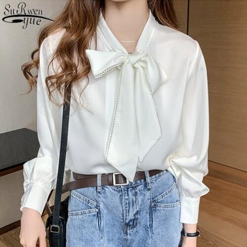 Korean Bow Collar Satin Chiffon Blouse 2021 Autumn Long Sleeve Shirt Fashion Loose Office Lady Style Women Tops and Blouse 10691