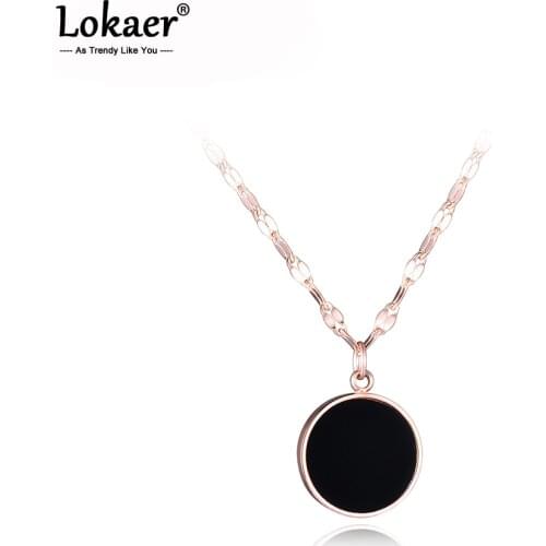 Lokaer Trendy Round Black Acrylic Pendant Charm Necklace For Women Girls Titanium Stainless Steel Chain Necklaces Jewelry N17016