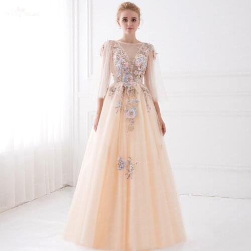 LZF014 New Design 3D Flower Sequin Gown Pearl Champagne Dress Long Sleeve Evening Gowns Dresses Vestido De Festa