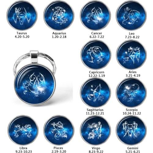 Cute Cartoon Virgo Constellations Keyrings Women Kids Zodiac Sign Keychains Glass Key Holder Pendant Birthday Gift Accessories