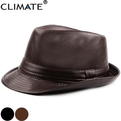 CLIMATE Men PU Fedora Jazz Hat Formal Hats for Man Men Solid Warm Fedoras Cap Black Coffee PU Leather Cap Hats Fedora Men Hat