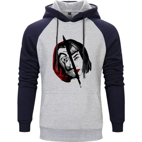 La casa de papel Mens Raglan Hooded Hip Hop Long Sleeve Sweatshirts Hoodie Leisure Clothing 2020 New Arrival Moletom Masculino