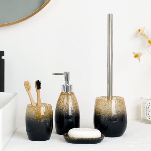 4 Piece Gold sequins Bathroom Accessory Set Soap Lotion Dispenser, Toothbrush and Toothpaste Holder Soap Dish and Tumbler