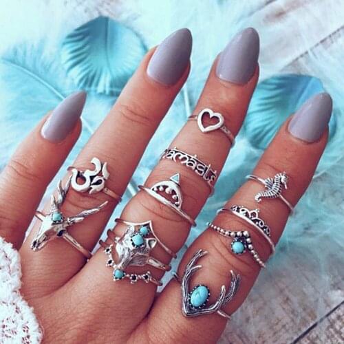 Boho Ring Combination Set Women Retro Antler Head Fox Heart-shaped Joint Rings Set Jewellery Wholesale Anillos Bague