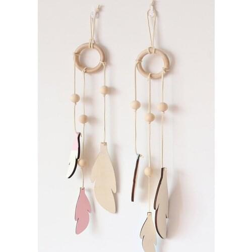 Nordic Wooden Leaves Wall Hanging Decorations Kid' Room Wood Feather Dream Catcher Christmas Party Decorative Wind Chimes Gift