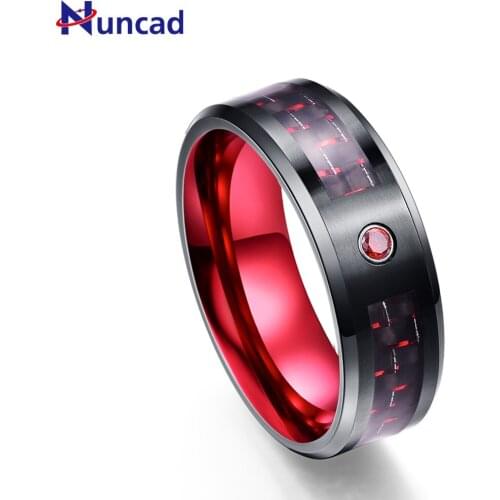 Nuncad black 8MM wide 3.0MM thick tungsten steel ring with inlaid red carbon fiber for wedding gift size 7-12