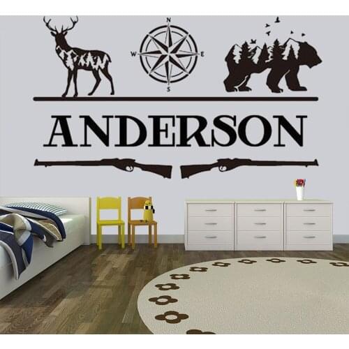 Hunting Name Wall Decals Nursery Antler Bear Decor Wall sticker Compass Gun Boys Bedroom Wall Decal Hunting Name Wall Art HY876