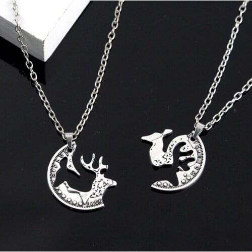 Trendy Creative Silver Color Splicing Deer Couples Necklace Temperament Pendant For Women Men Valentines Day Present