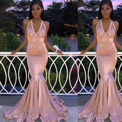 Sexy Custom Made Long Pink Halter V Neck Mermaid Prom Dresses Gowns Evening Dresses