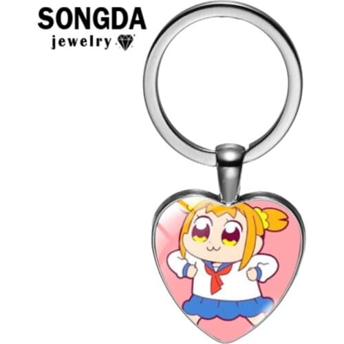 SONGDA Anime POP TEAM EPIC Heart Keychain Cute Cartoon Patterns Convex Glass Surface Metal Keyring Bag Pendants And Child Gifts
