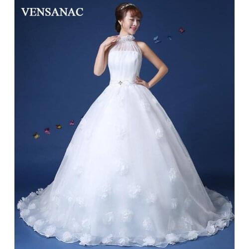VENSANAC 2018 Halter Ball Gown Lace Flowers Appliques Wedding Dresses Crystal Sash Open Back Sweep Train Bridal Gowns
