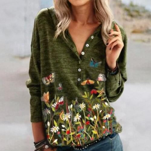 Casual Hoodie Pullover Female Women Butterfly Floral Print Blouse V Neck Long Sleeve Buttons Sweatshirt Hoodie Pullover Tops