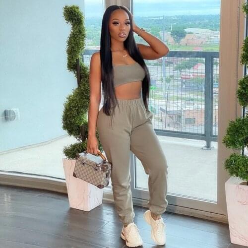 Casaul Women Tracksuit Two Piece Set Crop Tank Top And Long Pants Solid Color With Pocket Sportsuit Outfit