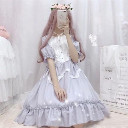 Japanese Female Lolita Dress Ruffled Lace Trim Harajuku Long-sleeved Dress Free Shipping
