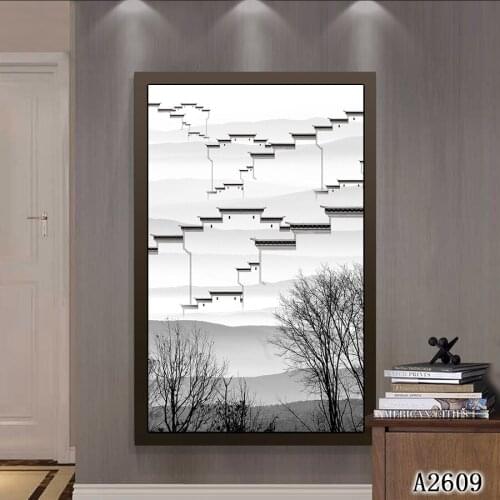 Abstract Oil Painting Print on Canvas White and Black Chinese-style House Canvas Art Printing Wall Art Picture for Home Decor
