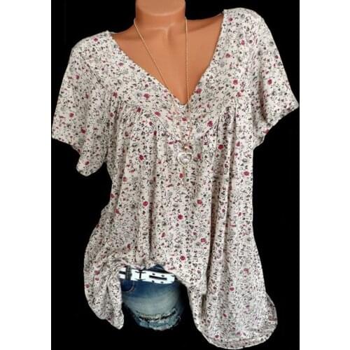 5xl Plus Size Short Sleeve Blouse Summer V-neck Women Tunic Tops Floral Printed Elegant Womens Shirt 2021 Fashion Chemise Femme