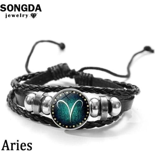 SONGDA 12 Constellation Zodiac Sign Black Braided Leather Bracelet Gemini Cancer Libra Scorpio Sagittarius Capricorn Snap Button