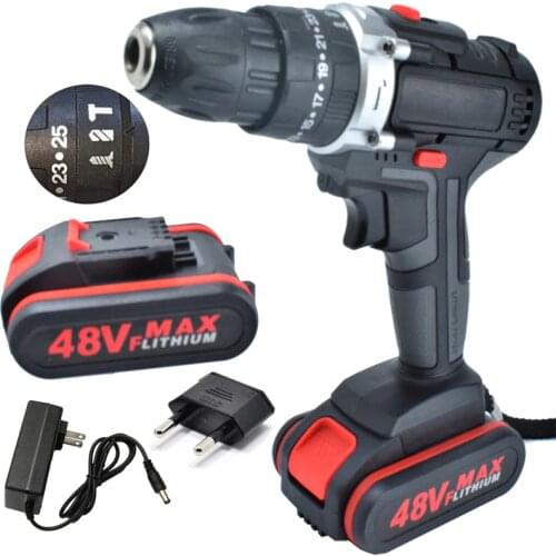 48VF 6500mAh Impact Drill Electric Screwdriver Cordless Electrical Tools Household Multi-function Rechargeable Drill
