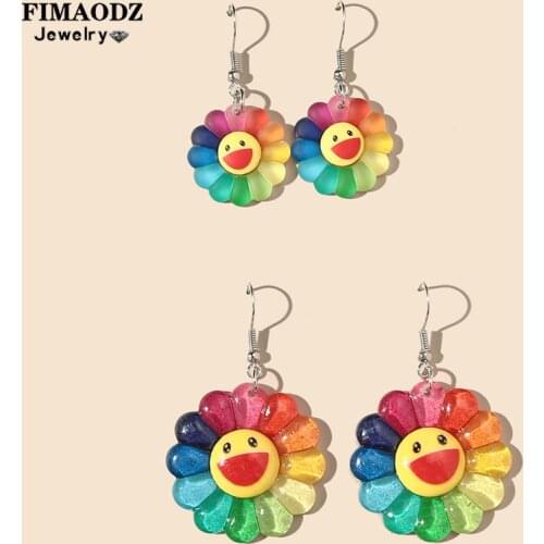 FIMAODZ 2 Pairs/Set Sunflower Acrylic Drop Earrings For Women Smiling Rainbow Flower Earrings Fashion Jewelry