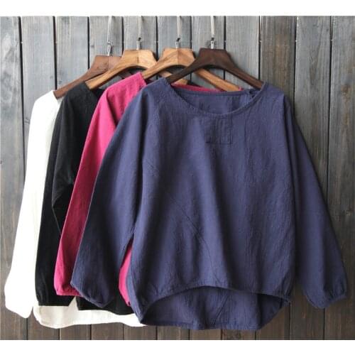 Women spring shirts Tshirt summer vintage cotton linen top loose big size womens t-shirt long-sleeve tee shirt femme