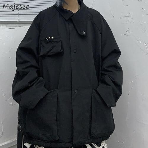 Basic Jackets Women Pockets Black Solid Korean Safari Style Punk Hip Hop Dark Baggy Boyfriend Cool High Street Fashion Harajuku
