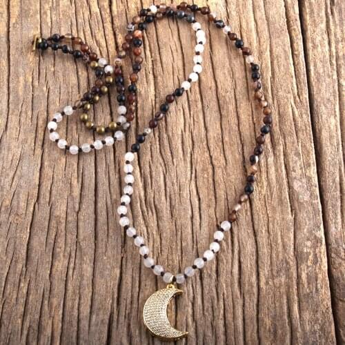 MD Fashion Bohemian Jewelry Accessory 4mm Natural Stones Glass Crystal Knotted Micro Zircon Pave Moon Pendant Necklaces
