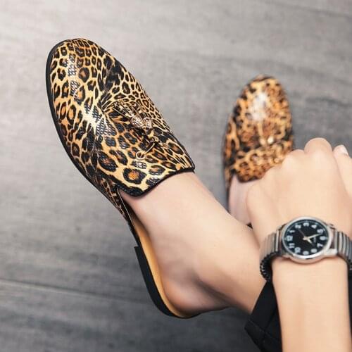 Leopard Print Mules Shoes Mens Leather Slippers Summer Shoes Man Fashion Footwear Plus Size 38-46