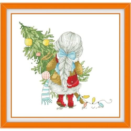 Girl hugging christmas tree cross-stitch kit X-mas pattern 18ct 14ct 11ct counted white canvas embroidery DIY needlework