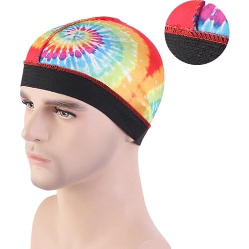 New Unisex tie-dyed Mens Silky Dome Cap Wide Band Stretchy Wig Cap Helmet Liner Biker Beanie Hat Turban hair accessories