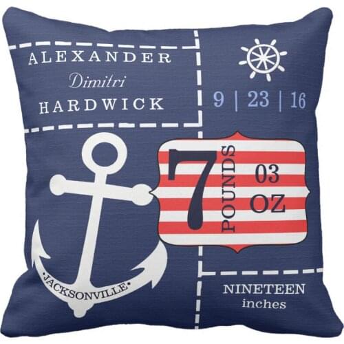 Custom Cute Kids Cushion Cover Personalized Square Cotton Canvas Polyester Pillow Case Nautical Anchor Boy Blue Cushion Cover
