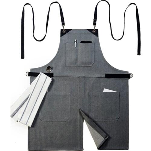 Gray Black Denim Apron Cotton Strap Barista Bartender Pastry Baker Chef Uniform Florist Painter Barber Hairdresser Work Wear D66