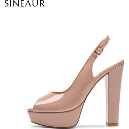 SINEAUR Shoes for women Fashion Color Super High 13CM Ladies Chunk Heels Peep-toe Platform Printed PU Office Party Dress