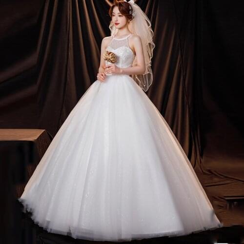 Wedding Dresses Illusion Halter Sleeveless Tulle Lace Backless Sequined Pearls Floor-Length Luxury White Women Bridal Gown G500