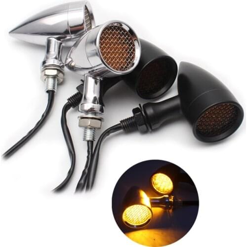 1pair Retro Bullet Black Grid Motorcycle Turn Signal Light LED Brake Light Metal Shell Blinkers Flashers for Harley Honda Yamaha