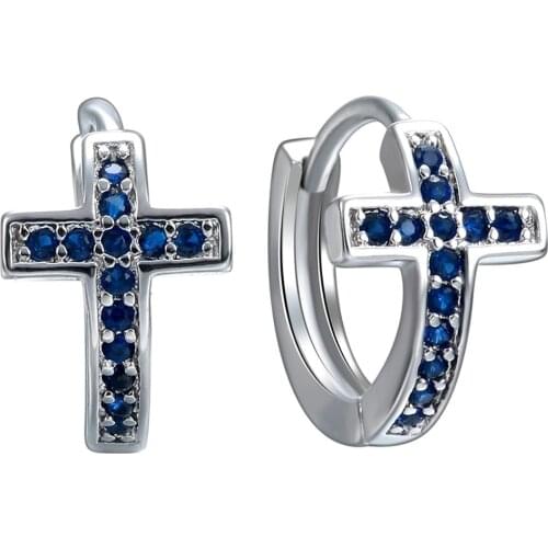 Gorgeous Women Jewelry Blue Zircon Cross Hoop Earrings for Wedding Engagement Party Set Gifts