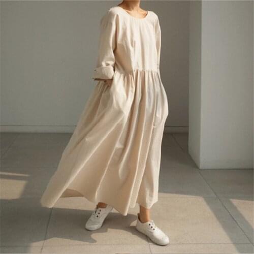 Vintage Loose Long Dress for Women Oversize Long Sleeve O-neck Solid Color Dresses for Autumn 2020 New Fashion Casual Clothes