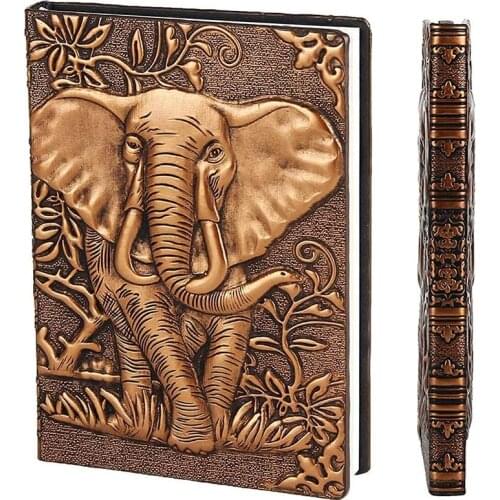 Vintage Leather Notebook A5 Travel Journal Hardcover Diary Embossed Notepad Lined Page Yellow-White Paper 3D Elephant Copper