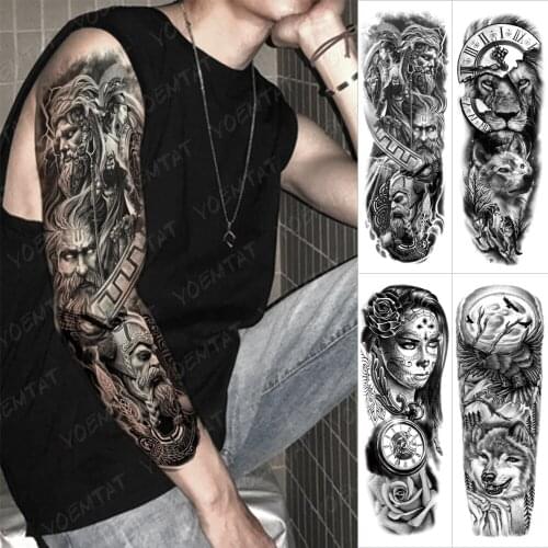 Waterproof Temporary Full Arm Tattoo Sticker Greek God Indian Egyptian Skull Flash Tattoos Man Body Art Fake Sleeve Tatto Female