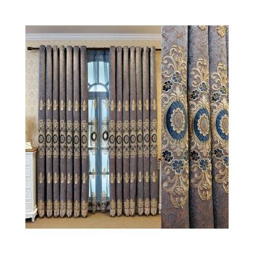 Custom curtains High-quality Retro European embroidered Dark blue shading Chenille blackout curtain livingroom tulle M1038